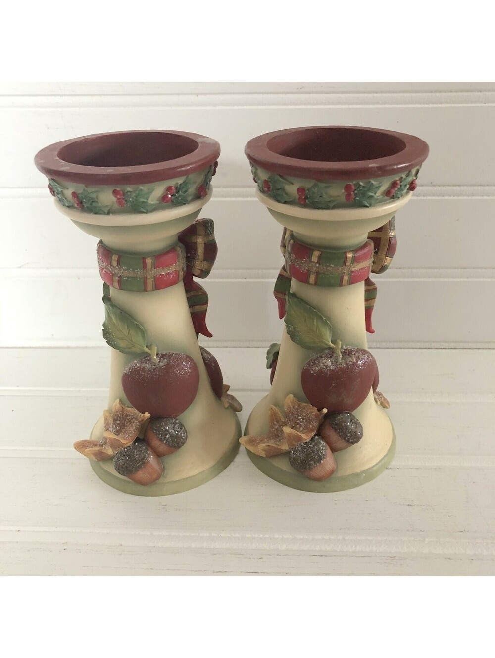 2 Winter Orchard Candle Holders Christmas Fruit Ribbon Holly Betty Singer Design - Picture 4 of 12